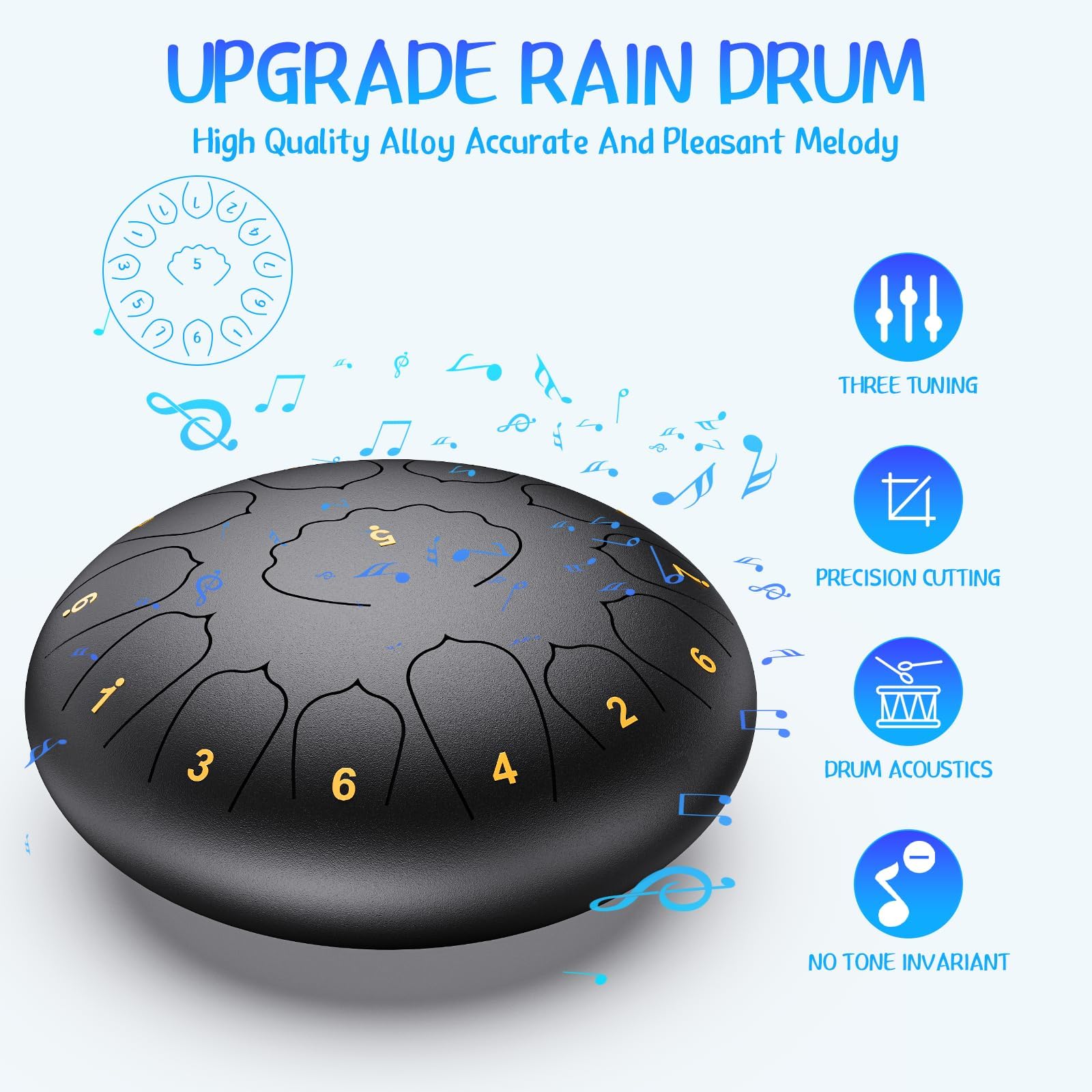 Tambor de lengua profesional de acero para adultos y niños, instrumento de percusión de mano de 8/12 pulgadas con notas de 11/13 para yoga, meditación, musicoterapia y conciertos (negro, 12 pulgadas)