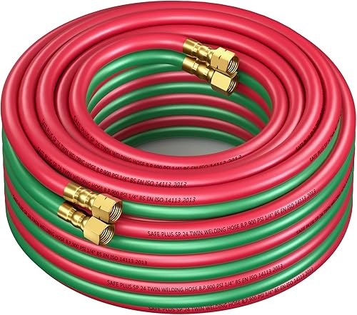 Manguera de acetileno de oxígeno de 26 pies/26.2 ft, manguera de soldadura IMAGE de 1/4 pulgadas x 26 pies con accesorios de 9/16 pulgadas-18B