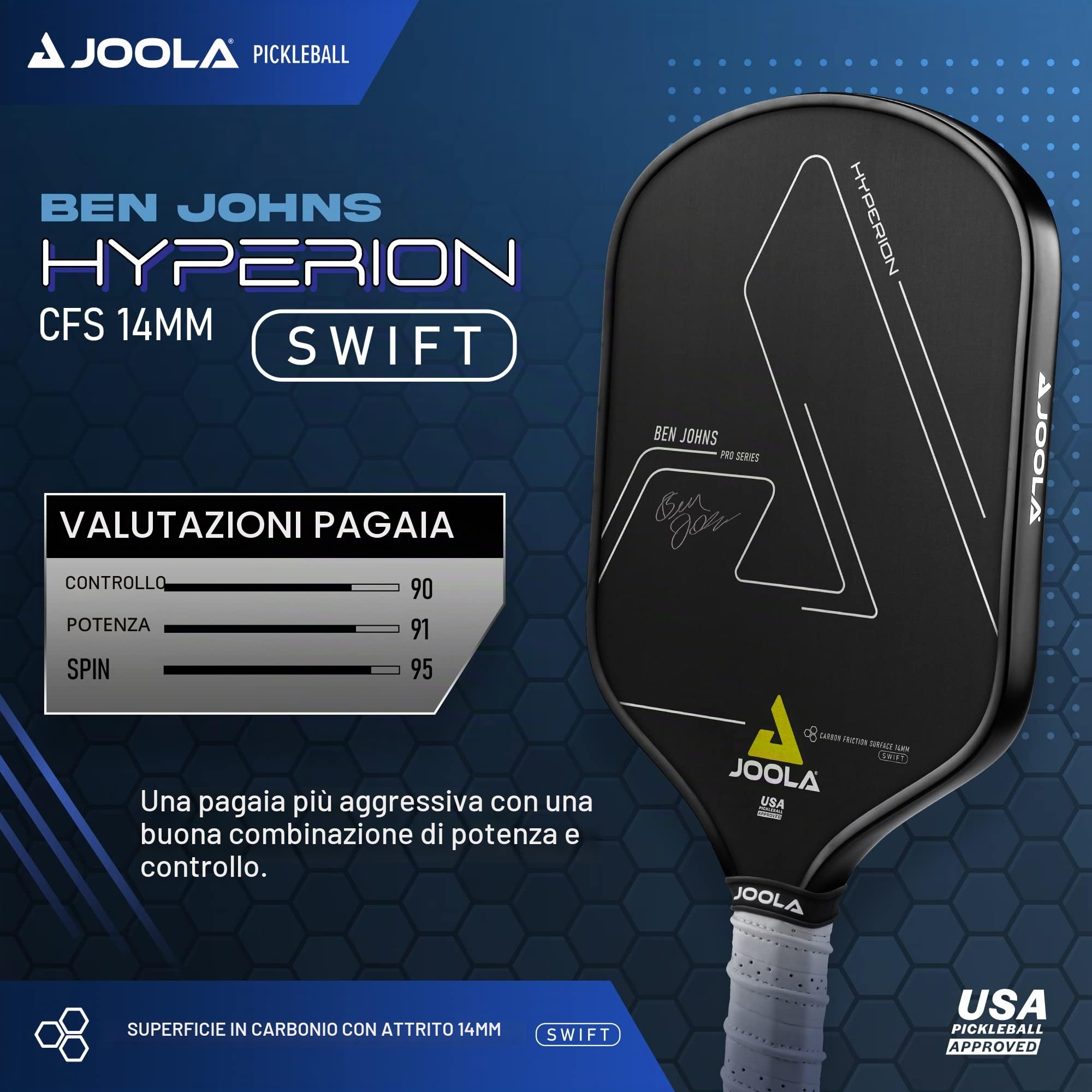 Joola Ben Johns Hyperion CFS 16 mm Swift Pickleball Paddel – USAPA zugelassen für Turnierspiele – Carbonfaser Pickle Ball Schläger – maximale Geschwindigkeit mit hoher Körnung und Spin