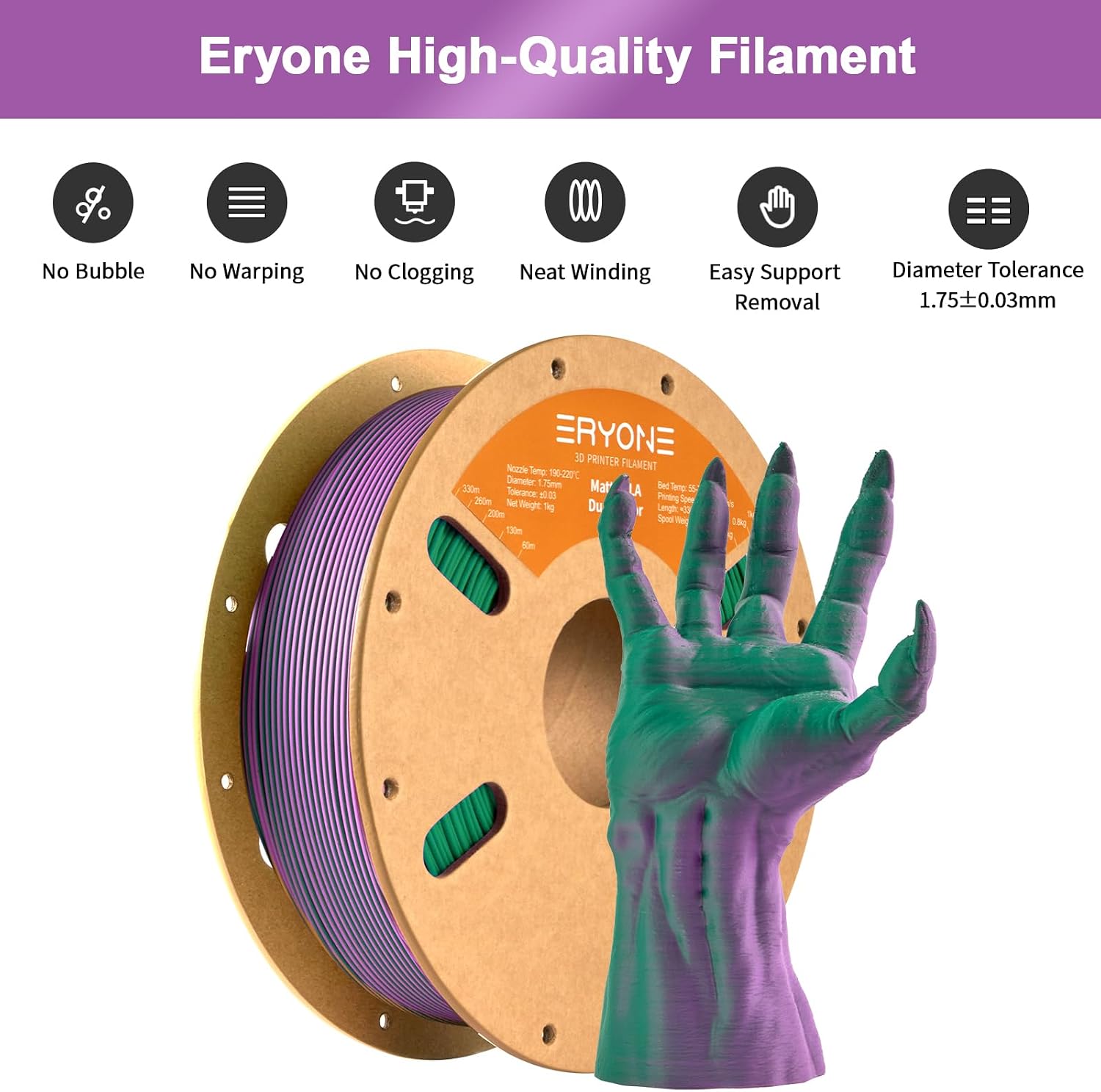 ERYONE Matte Dual Color 3D Printer PLA Filament 1.75 +/- 0.03mm, Matte Bicolor Filament PLA 1KG(2.2LBS) Spool, Fuchsia Green