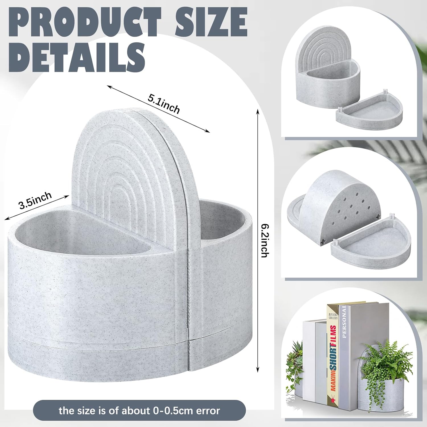 SiliFine 3D Printed Plant Pot Bookend Marble White with Hidden Water Tray