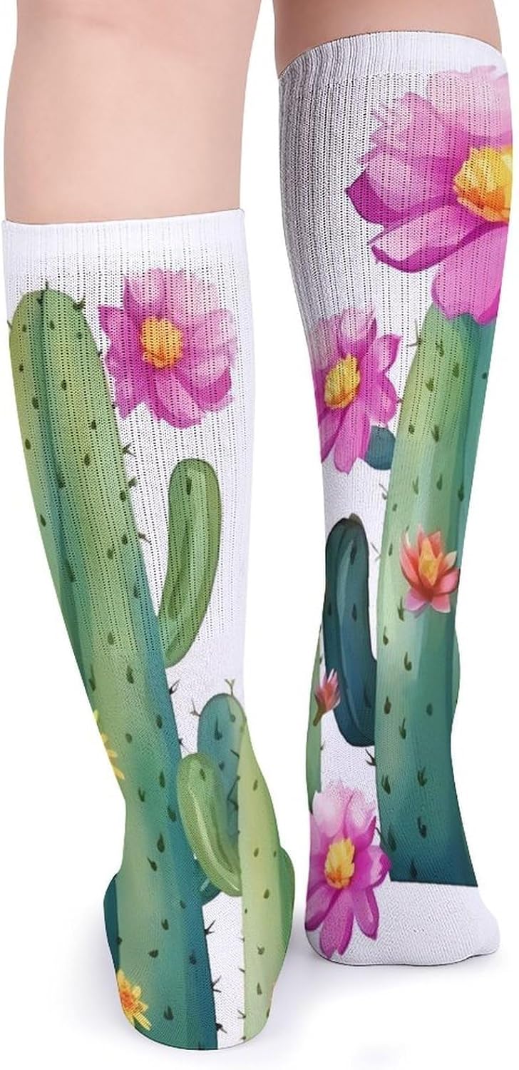 Breathable Crew Sock, Moisture Wicking, Athletic Calf Socks, Cozy | Cactus Flower Compression Socks for Women Men, Lightweight High Work Socks for Business, Casual