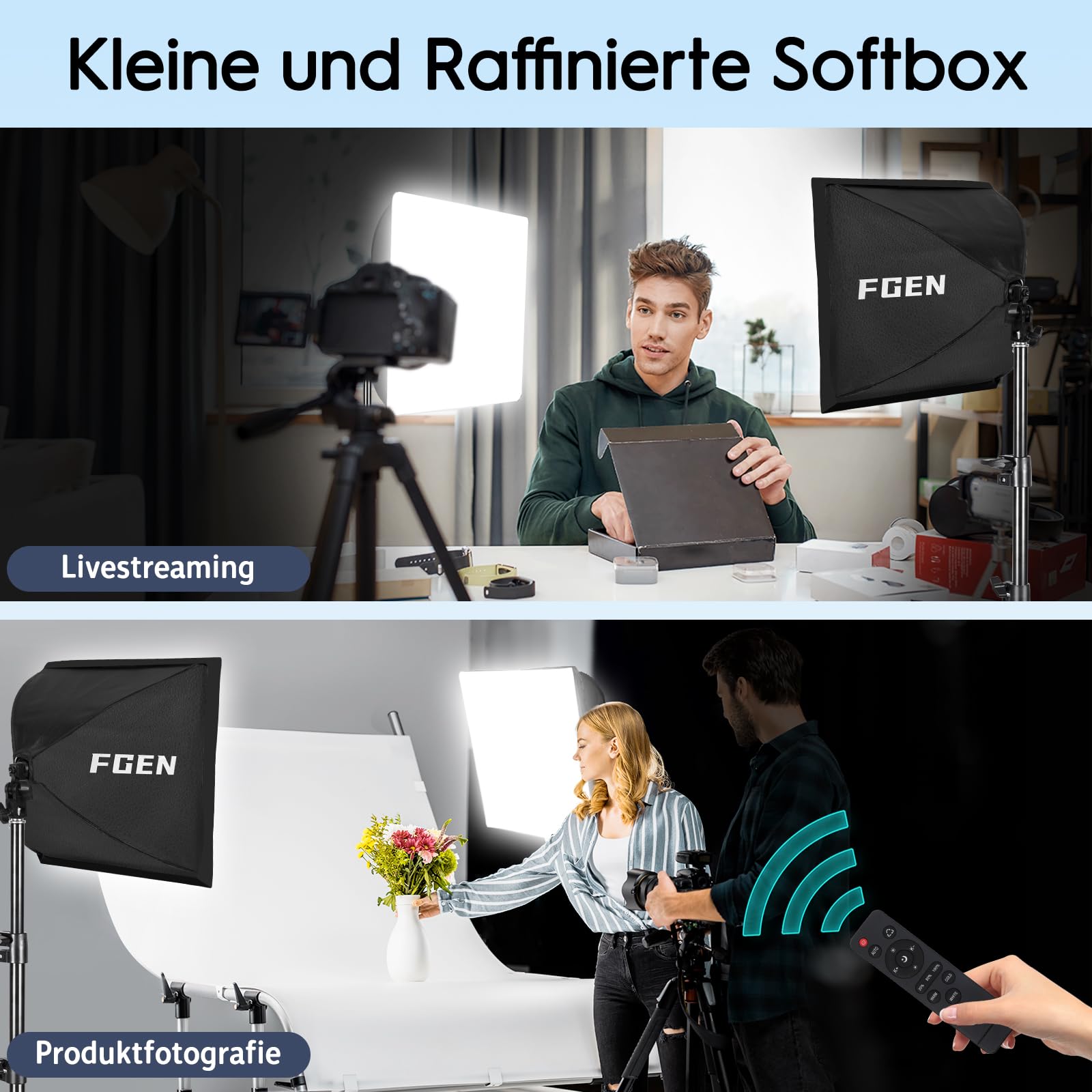 FGen Softbox Set,1x40x40cm Softbox lunghezza del cavo ottico 300cm con 85W 2700-6400K perline LED e regolabile 150cm Sostegno, riprese video e fotografia di prodotto
