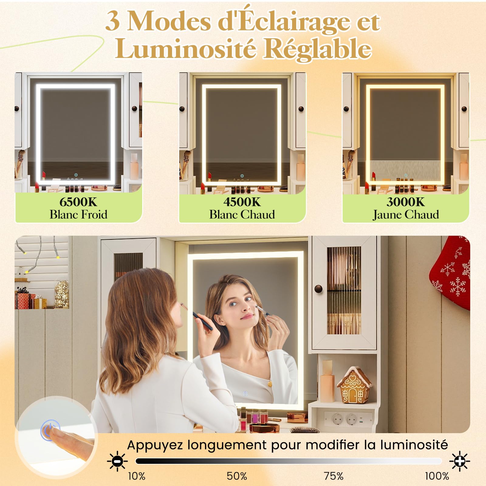 COSTWAY Coiffeuse avec Miroir, Lumières et Luminosité Réglable, Station de Charge, Bureau Coiffeuse, Support pour Sèche-Cheveux, 6 Tiroirs, 4 Armoires, Étagères, Table de Maquillage, 105 x 40 x 150 cm