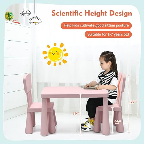 Miniatura 5 de COSTWAY Juego de mesa y sillas para niños de 3 piezas, centro de actividades infantiles de plástico ligero para leer, escribir, pintar, merienda,