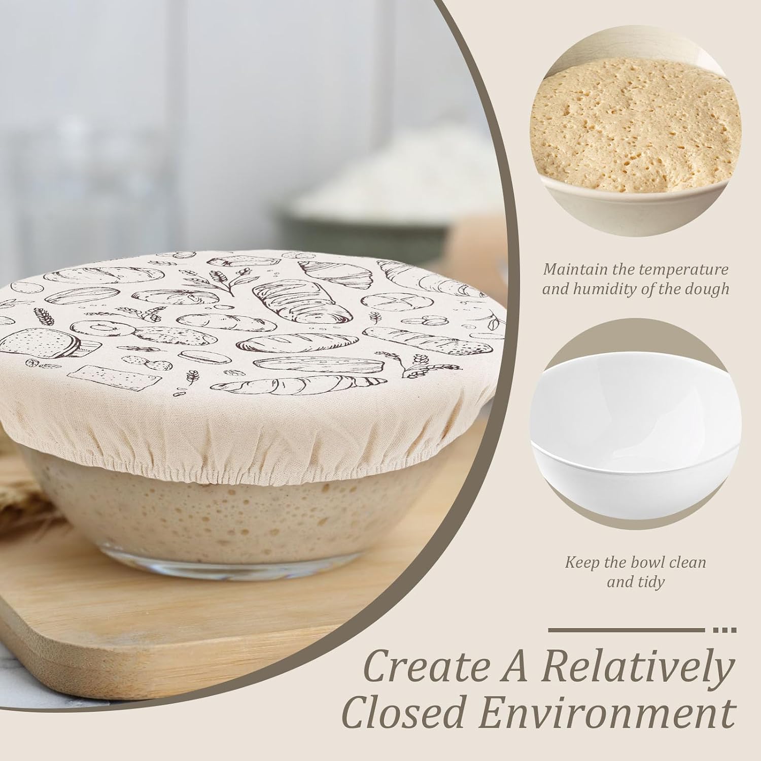 3-Size Reusable Bowl Cover for Bread Proofing, Reusable Beeswax Bowl Covers 9/10/12 Inch, Elastic Stretch Cotton Cloth Bowls Cover, Washable Sourdough Bread Shower Caps, Sourdough Lids