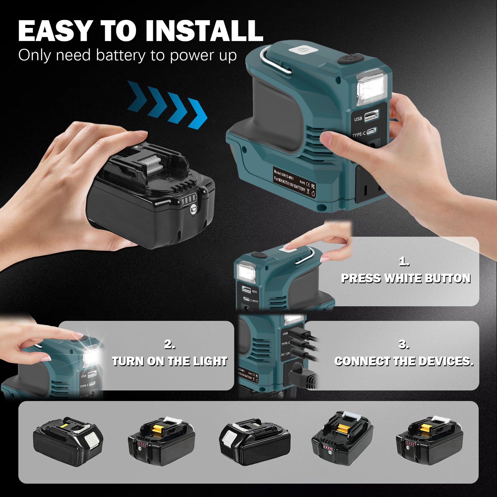 Inverter da 220 W per batteria Makita da 18 V, DC 18 V a AC 220 V, convertitore di tensione con USB QC3.0 tipo C PD connettore 12 V 5 A CC, uscita LED luce di emergenza