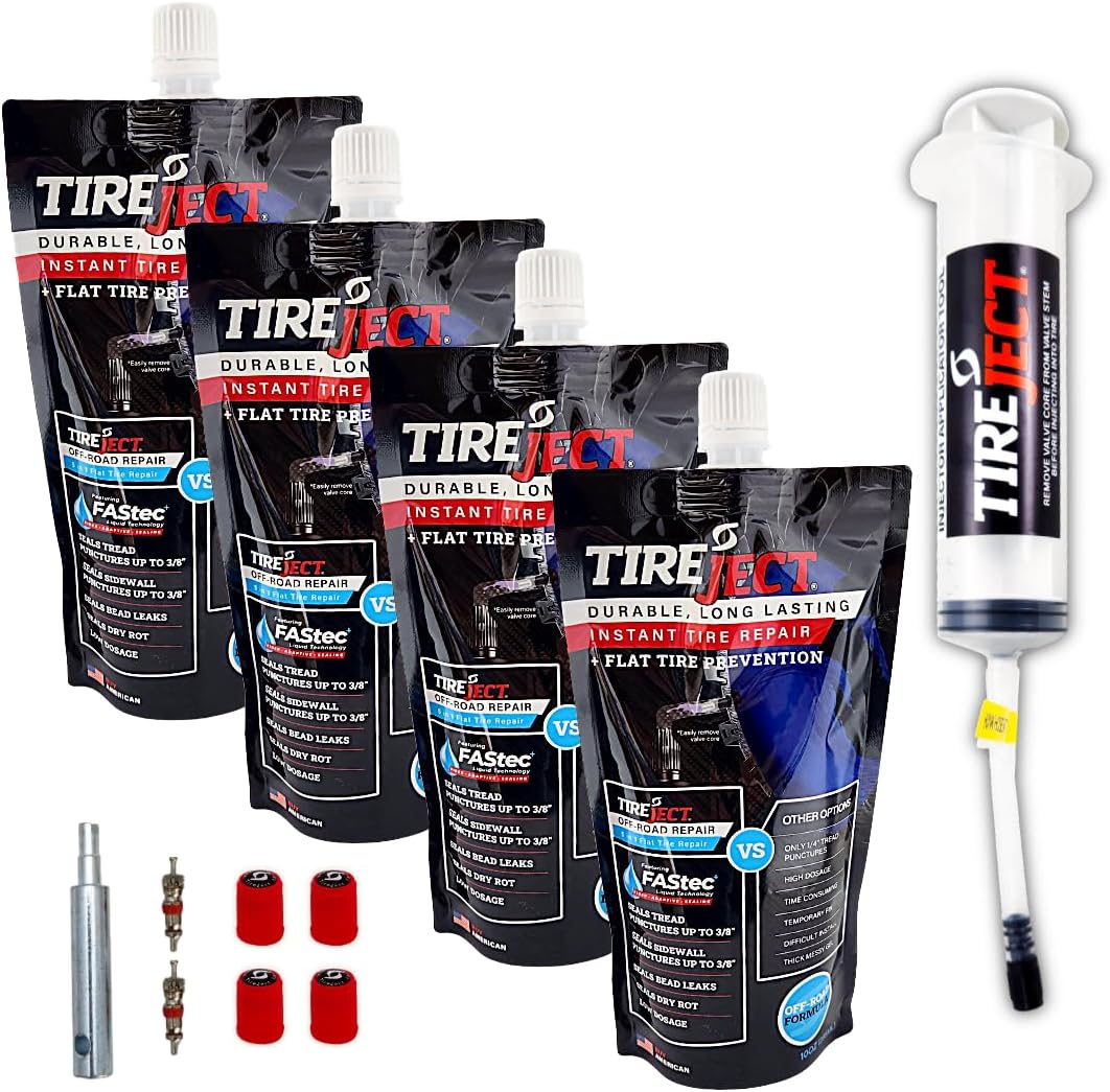Off-Road Tubeless Tire Sealant Kit: Fix a Flat Tire & Prevent Flat Tires, Seal Punctures Leaks Dry Rot Thorns Nails Screws, tire Repair Slime, Puncture tire Sealer (40oz, 4-Tire Value Pack)