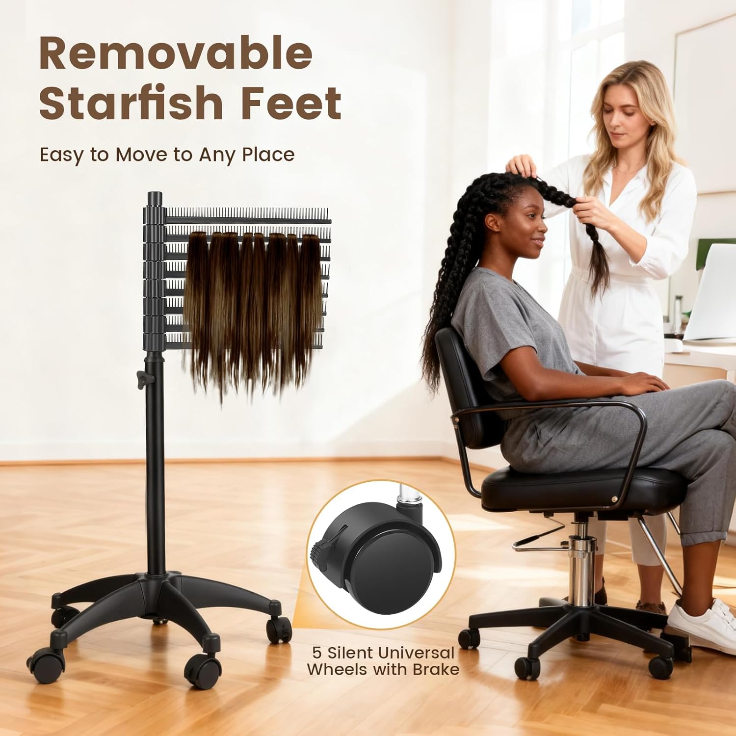 Braiding Hair Rack 216 Pegs, 360° Rotatable Hair Braiding Stand with Wheels, Movable Hair Extension Holder for Hair Stylists, Braiders, Home, Salon, Beauty School, Hair Separator for Braiding