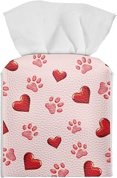 Heart Dog Paws Tissue Box Cover Valentines Day Square Tissue Box Holder Pink Leather Tissue Holder for Bathroom Bedroom Office Car Paper Organizer Dispenser Home Decor