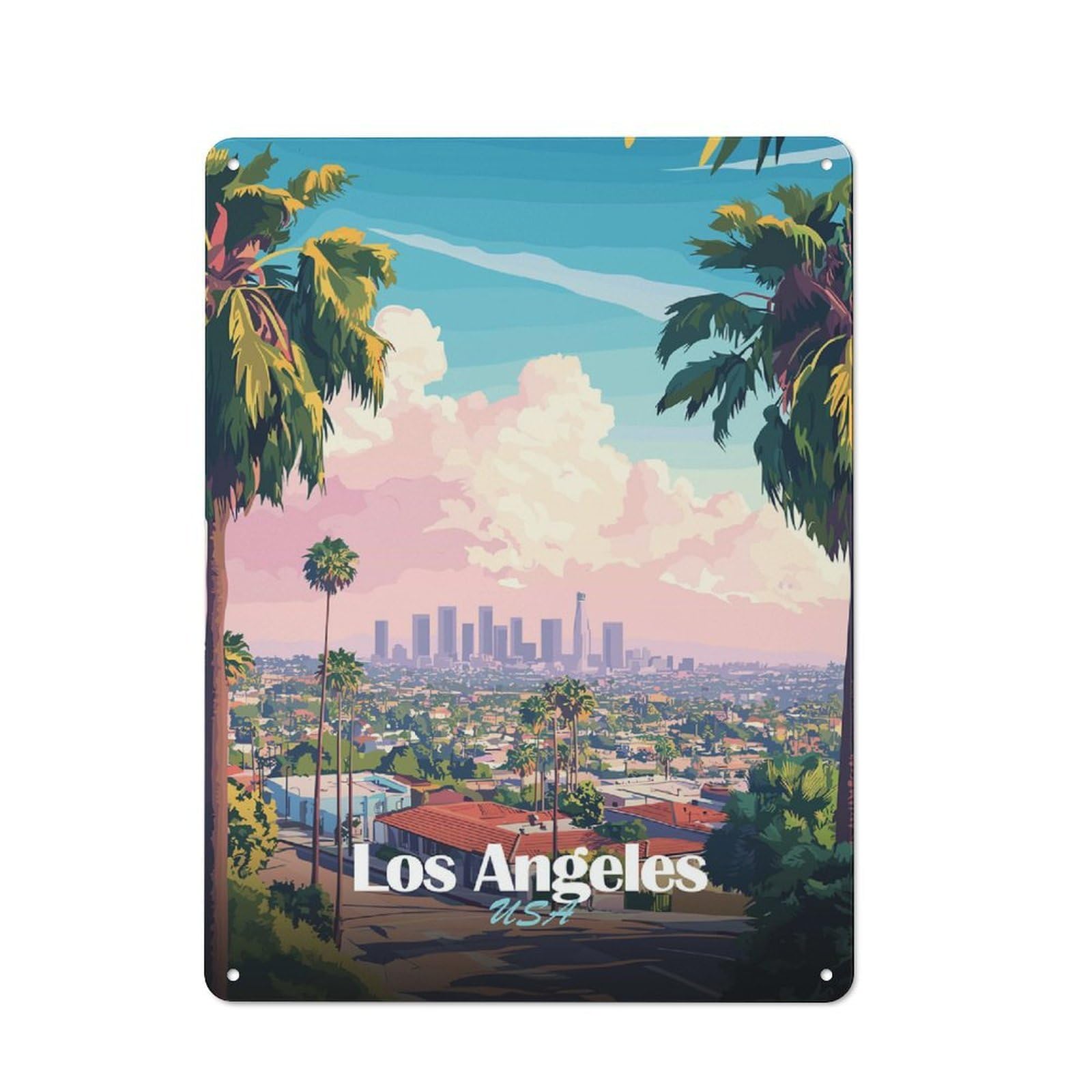 Junmoney Style-13 Tin Wall Plaque 40X30cm With Los Angeles Skyline Art For Guest Room Or Hallway, A Decorative Christmas Gift For Home Decor Collectors