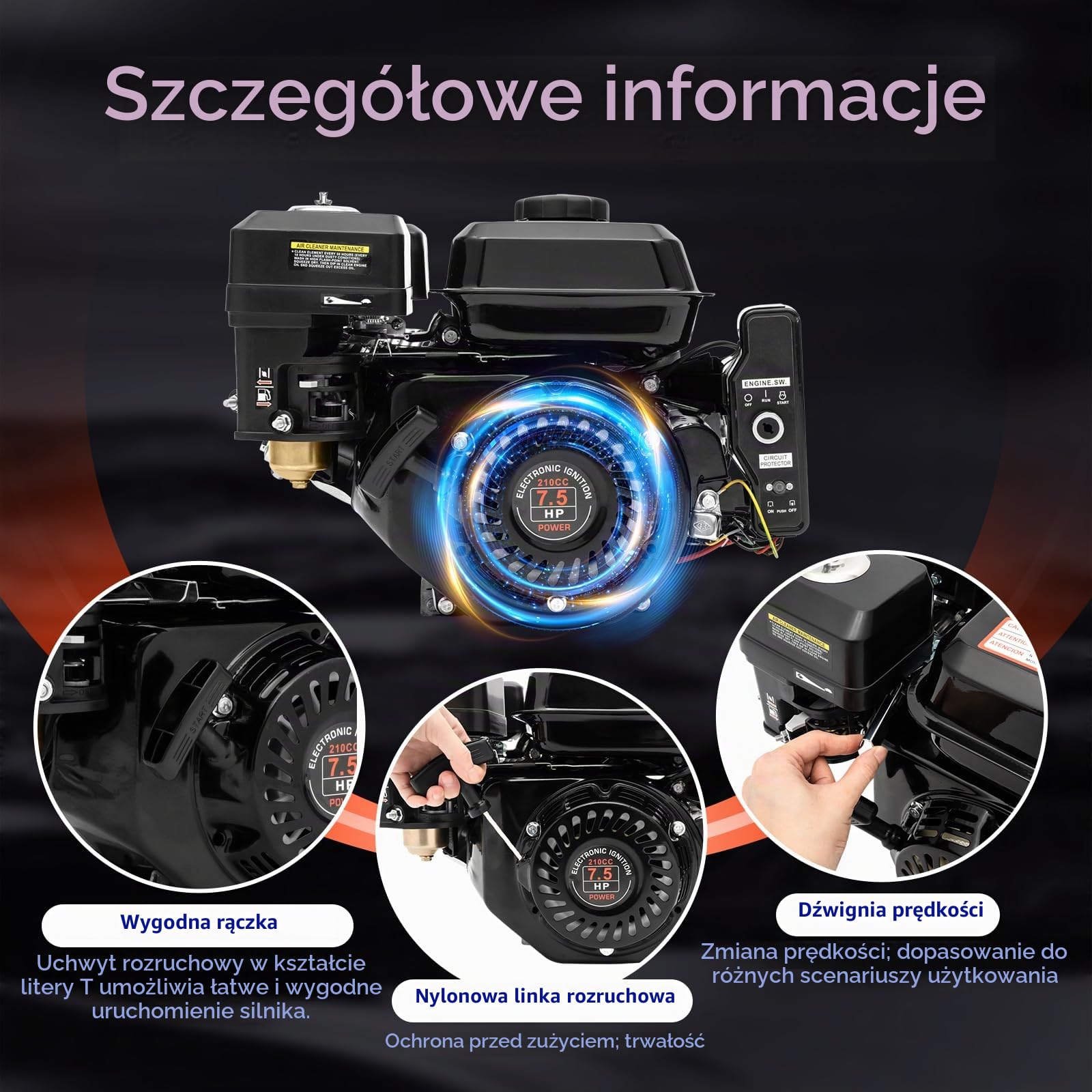 Silnik benzynowy 7,5 KM, 3 kW, silnik przemysłowy, gokart, elektryczny, 210 cc, 4-suwowy, jednocylindrowy, chłodzony powietrzem, gokarty, generator, myjka wysokociśnieniowa, przecinarka do betonu 3600