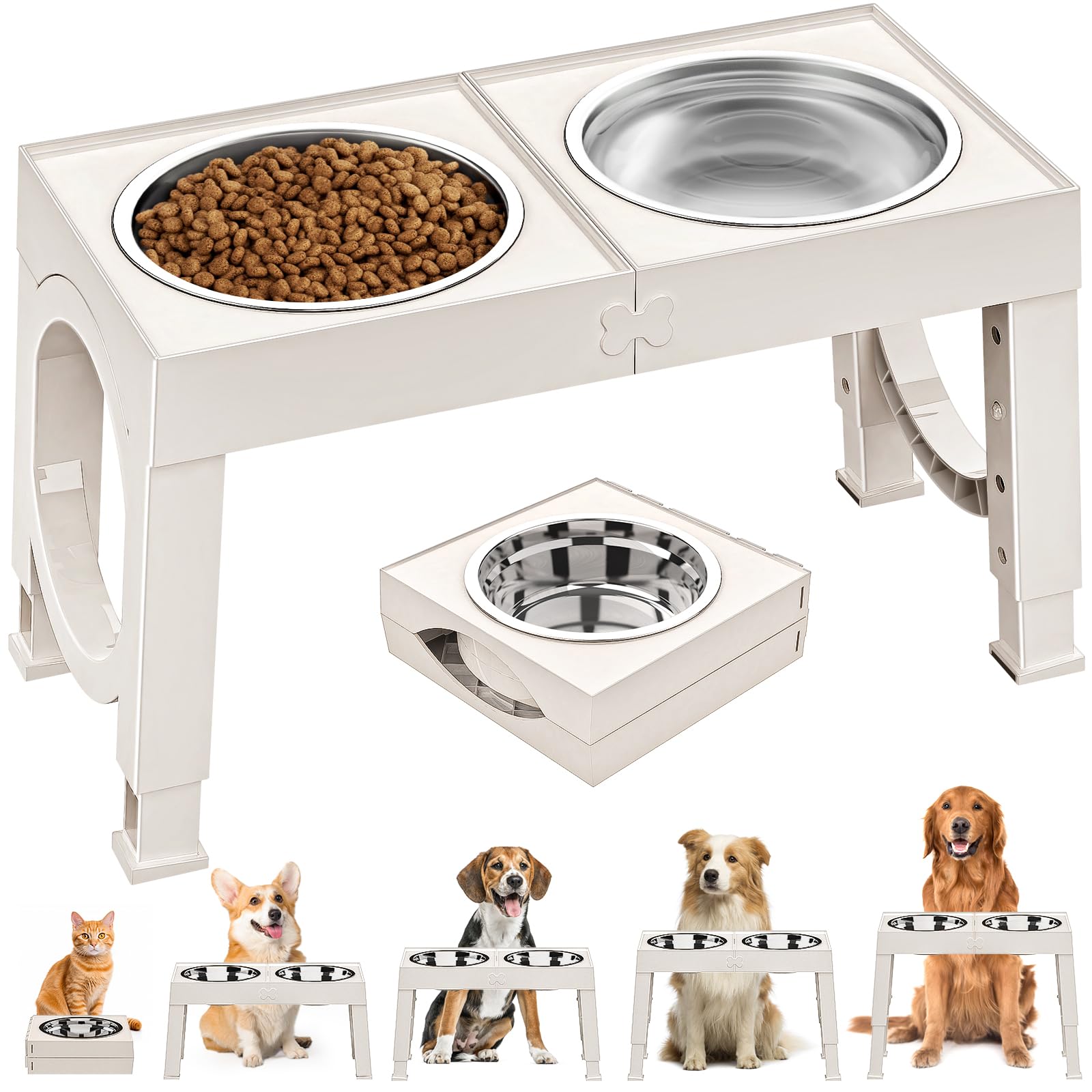 Aystkniet Raised Dog Bowls for Medium Large Dogs, 5 Height Adjustable Dog Bowl Stand to 8cm 23cm, 27cm, 31cm, 35cm, with 2 Stainless Steel Dog Food Bowl, Elevated Dog Bowls for Traveling