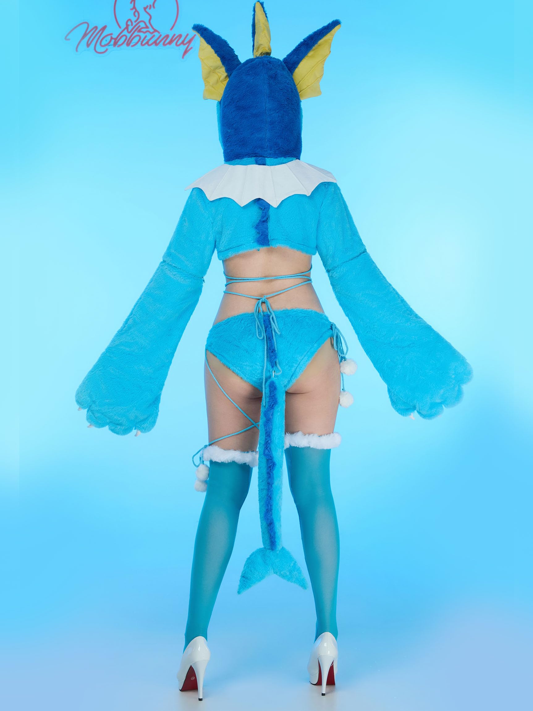 Mobbunny Women's Anime Cosplay Lingerie Set Blue Furry Paw Homewear Plush Paw Gloves Hoodie and Bra Panty with Stockings: Medium Blue