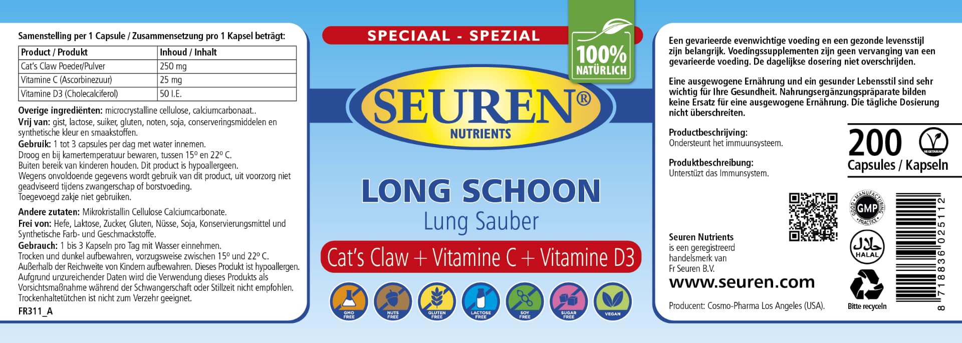 Nutrientes Seuren | Pulmón limpio Uña de gato + Vitamina C + Vitamina D3 | 200 cápsulas Para el sistema inmune.