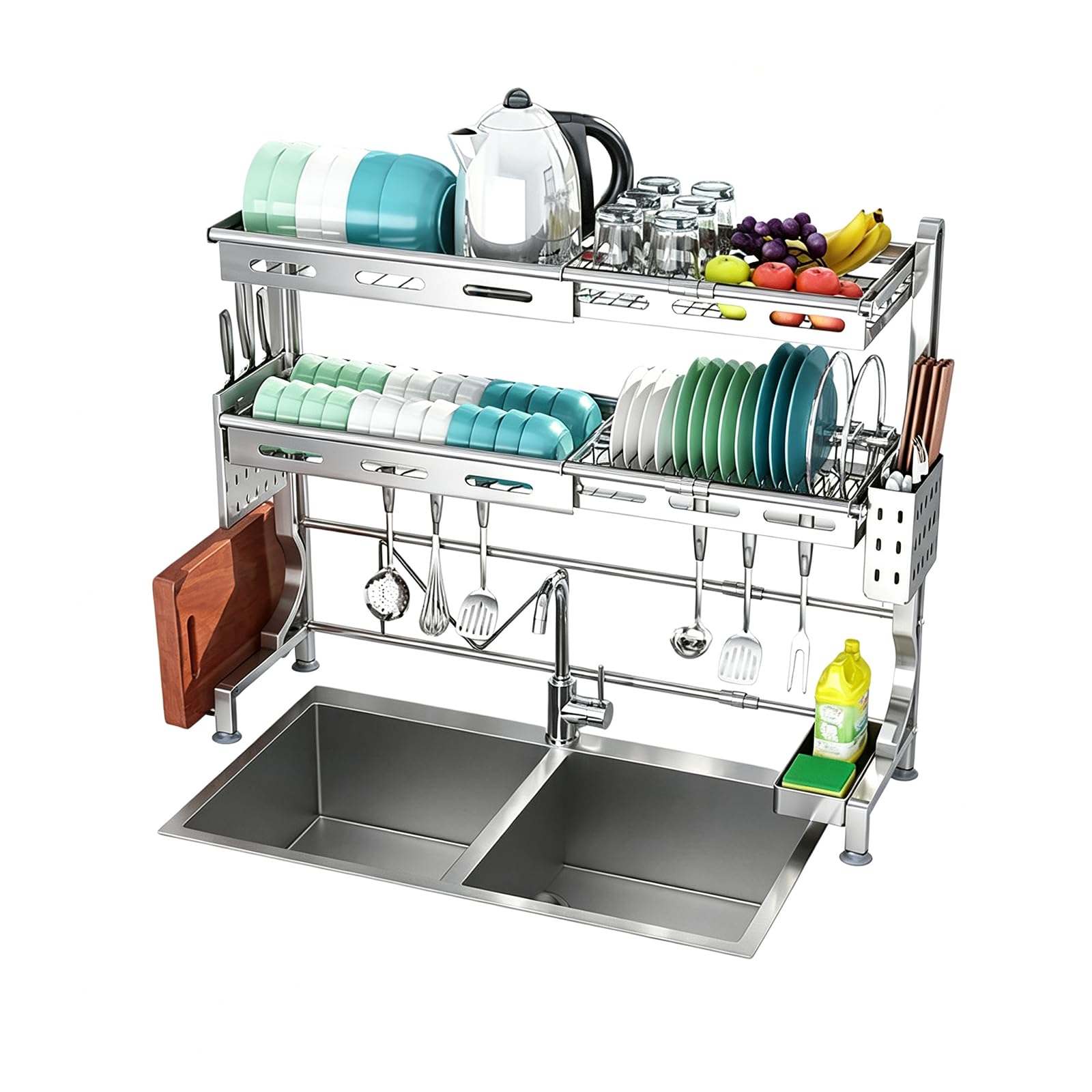 Scolapiatti sopra Lavello Regolabile - Organizer Cucina Salvaspazio in Acciaio Inossidabile - Rastrelliera 2 Livelli per Piatti e Ciotole - 62-97cm