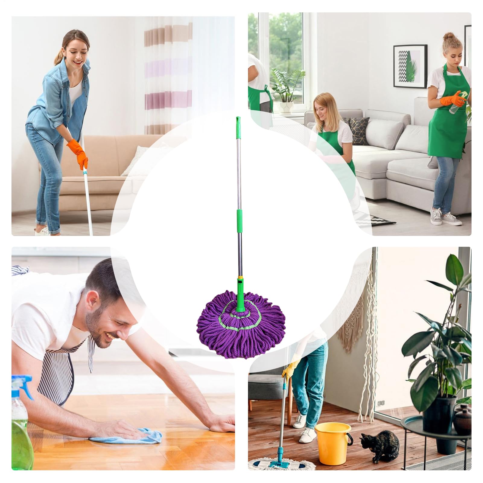 Mopa Giratoria Para Limpieza De Suelos Escurrido Fácil Telescópico | Absorbente Para Hogar Cocina Baño Dormitorio Salón Garaje Local Comercial Restaurante Escuela Baldosas de Cerámica Suelos de