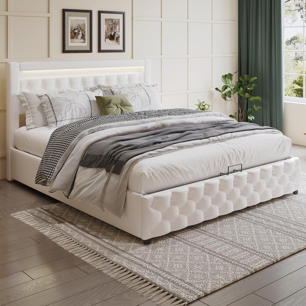 Letto Matrimoniale Contenitore Imbottito 160x200 Cm Con LED RGB, Prese USB E Rete A Dogle In Legno Sollevabile, Telaio In PU (Bianco)