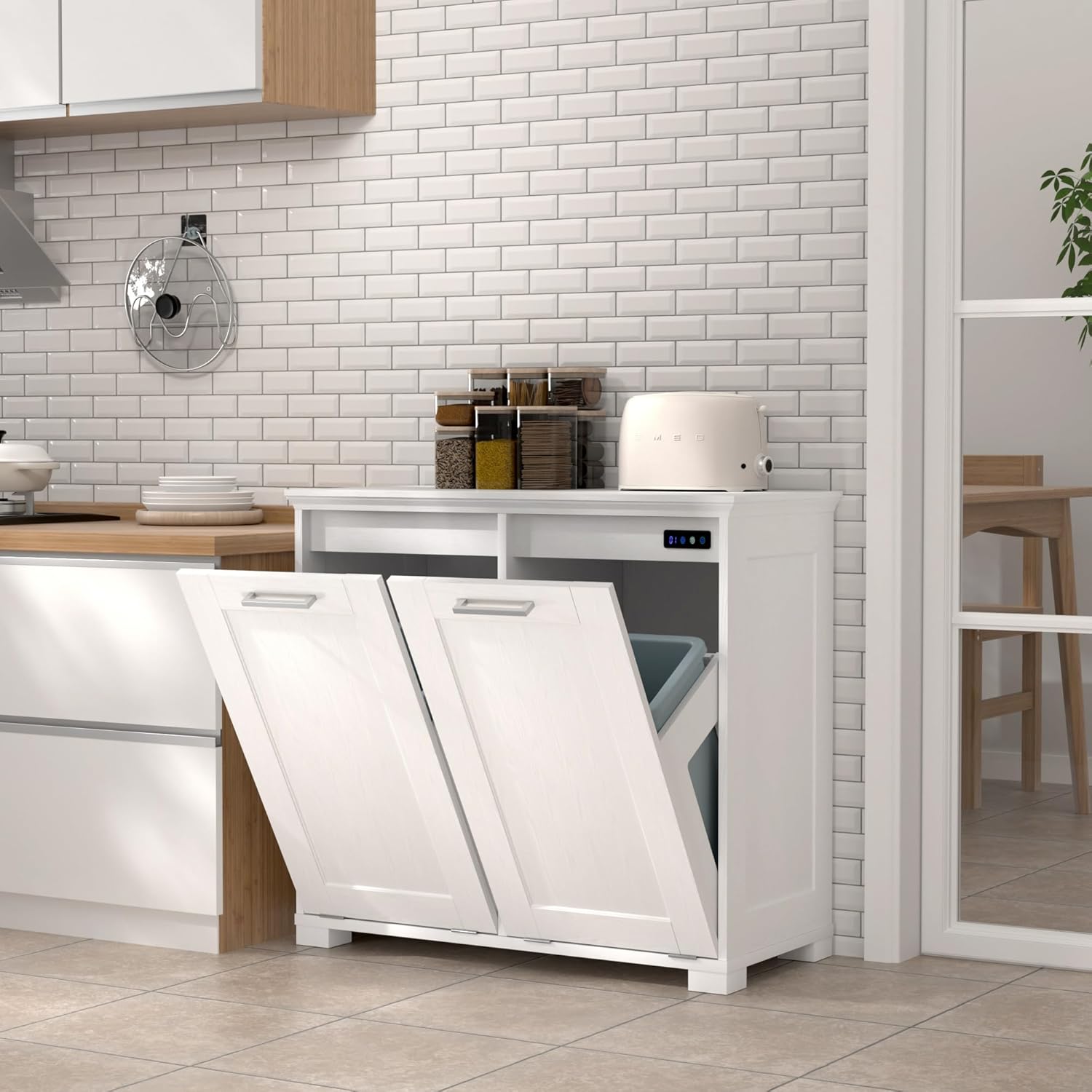 Tilt Out Trash Can Cabinet, Wooden Trash Cabinet with Deodorising Function, 20 Gallons Freestanding Dog-Proof Garbage Bin Cabinet for Home, Laundry Room, Kitchen and Living Room, White Finish