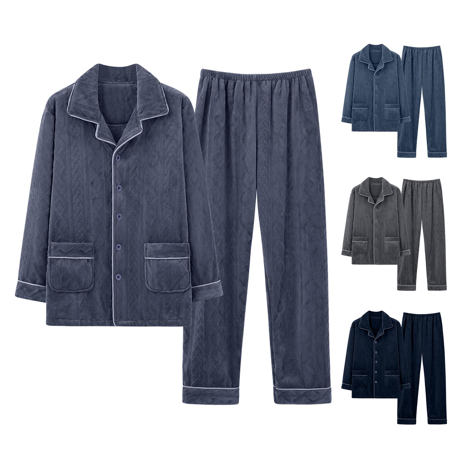 Pijama para hombre de invierno, cálido, de manga larga, con solapa, topes, botones, pantalones de dormir de dos piezas, franela de lino grueso, con botones, cuello de camisa, bolsillos, traje de casa