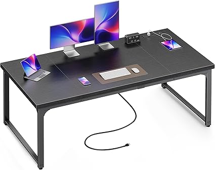 Huuger 63 x 31.5 inch Desk with Power Outlets & USB-C, 1.2 Inch Thicker Desktop, Robust Metal Tubes, Deep Computer Desk, Heavy Duty Office Work Desk, for Home Office, Black