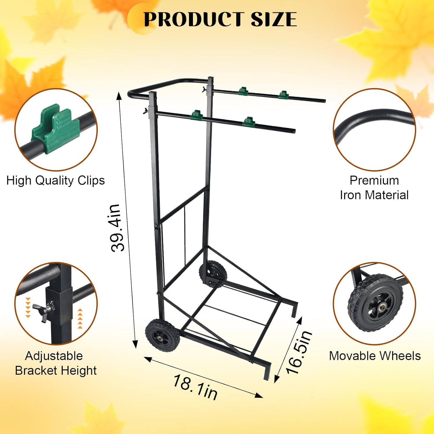 Trash Bag Holder with Wheels, Adjustable Metal Leaf Bag Holder with 4 Clips, Heavy Duty Outdoor Mobile Garbage Bags Cart, Lawn Garbage Bag Stand Holds 35-45 Gallon for Lawn Leaves, Camping, Weeding