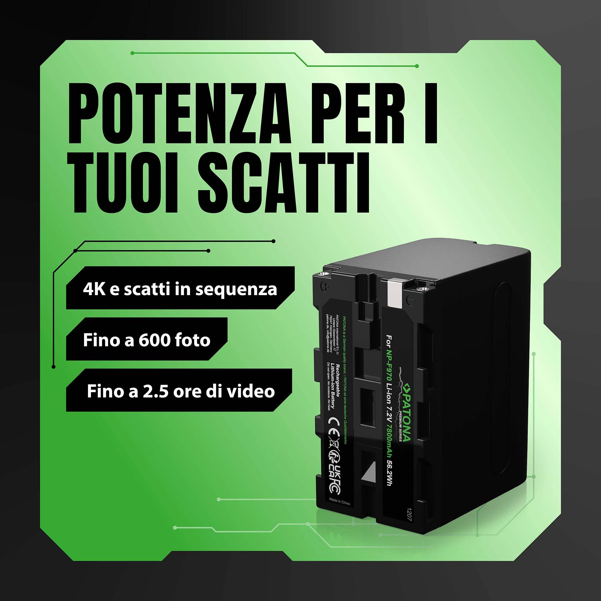 PATONA 2x Premium Batteria NP-F970 (7800 mAh / 56,2 Wh) – per luci video LED, monitor da campo e camcorder Sony – la massima autonomia della classe NP-F – doppio pack