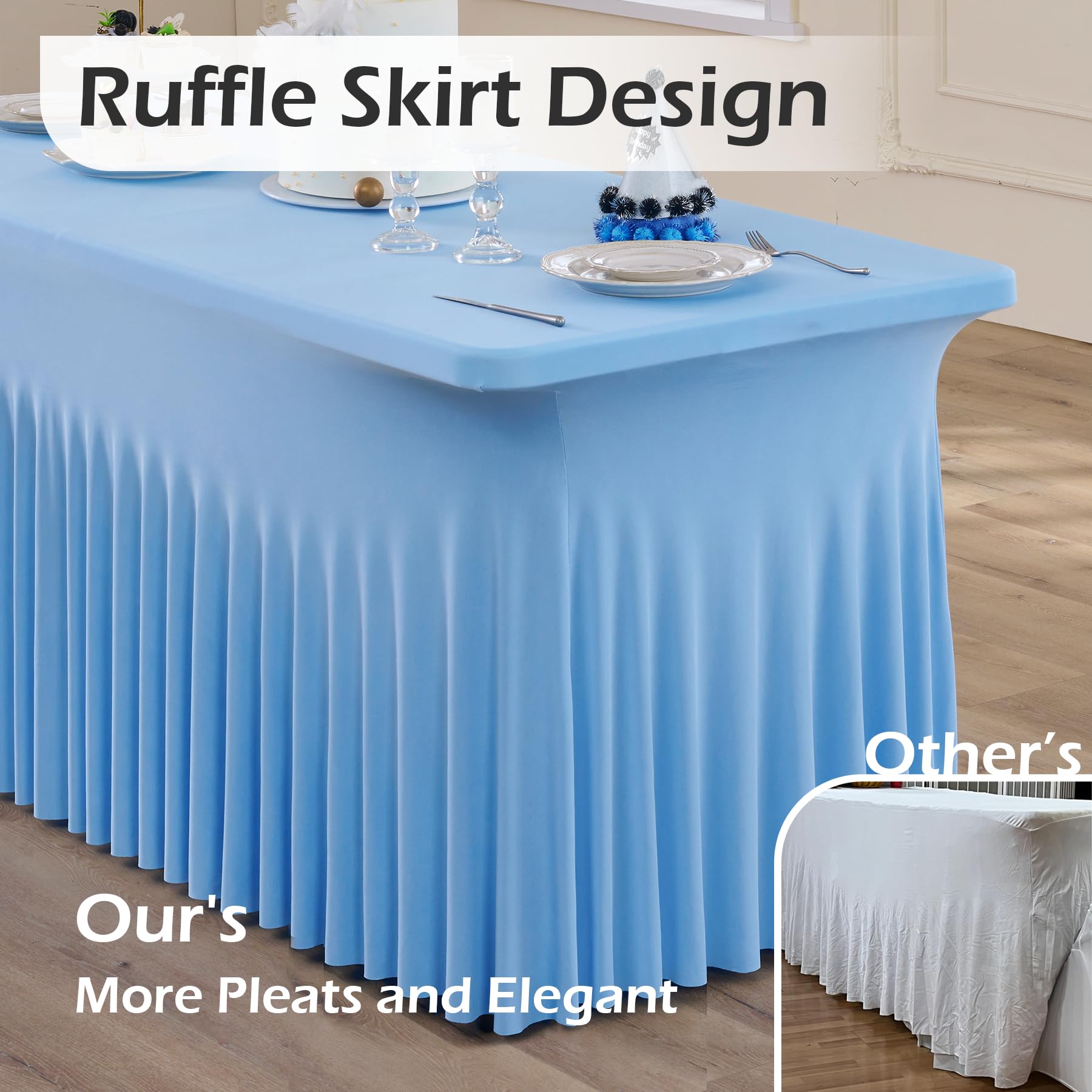 Baby Blue Spandex Table Covers 6-Pack For 6-Foot Tables - Stretch Fitted Table Skirts For Weddings, Events, Banquets