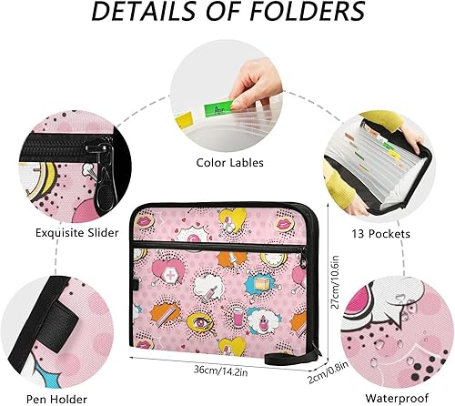 Miniatura 3 de Cute Trendy Cartoon Lips Pink Expandable Hanging File 13 Pockets A4 Letter Size File Organizer with Zipper Closure Wide File Folders for Doctor