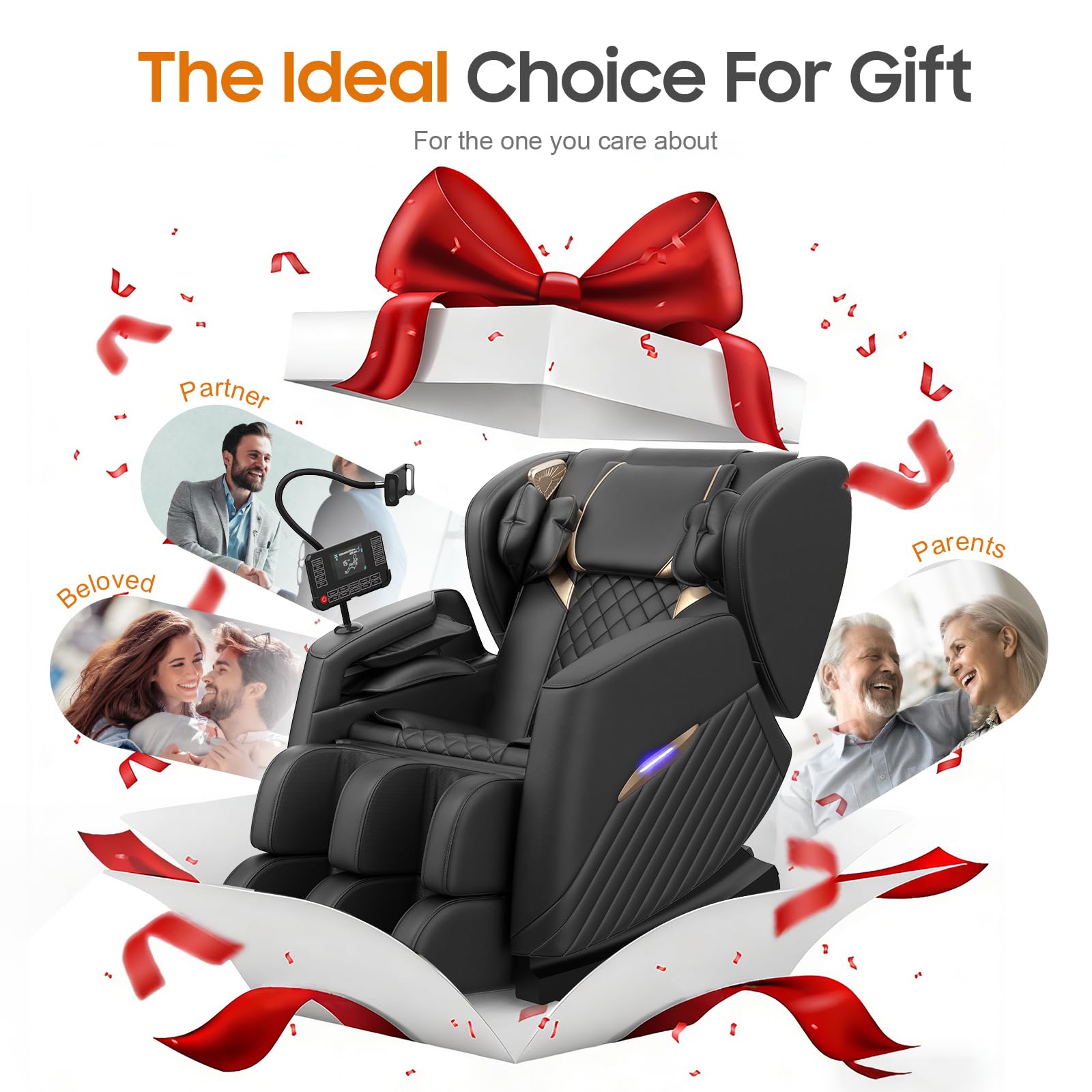 Fauteuil de massage, 16 rouleaux de massage, 8 airbags, chauffage lombaire, massage avec rouleaux et airbags sur les mollets, haut-parleur Bluetooth, télécommande avec écran tactile