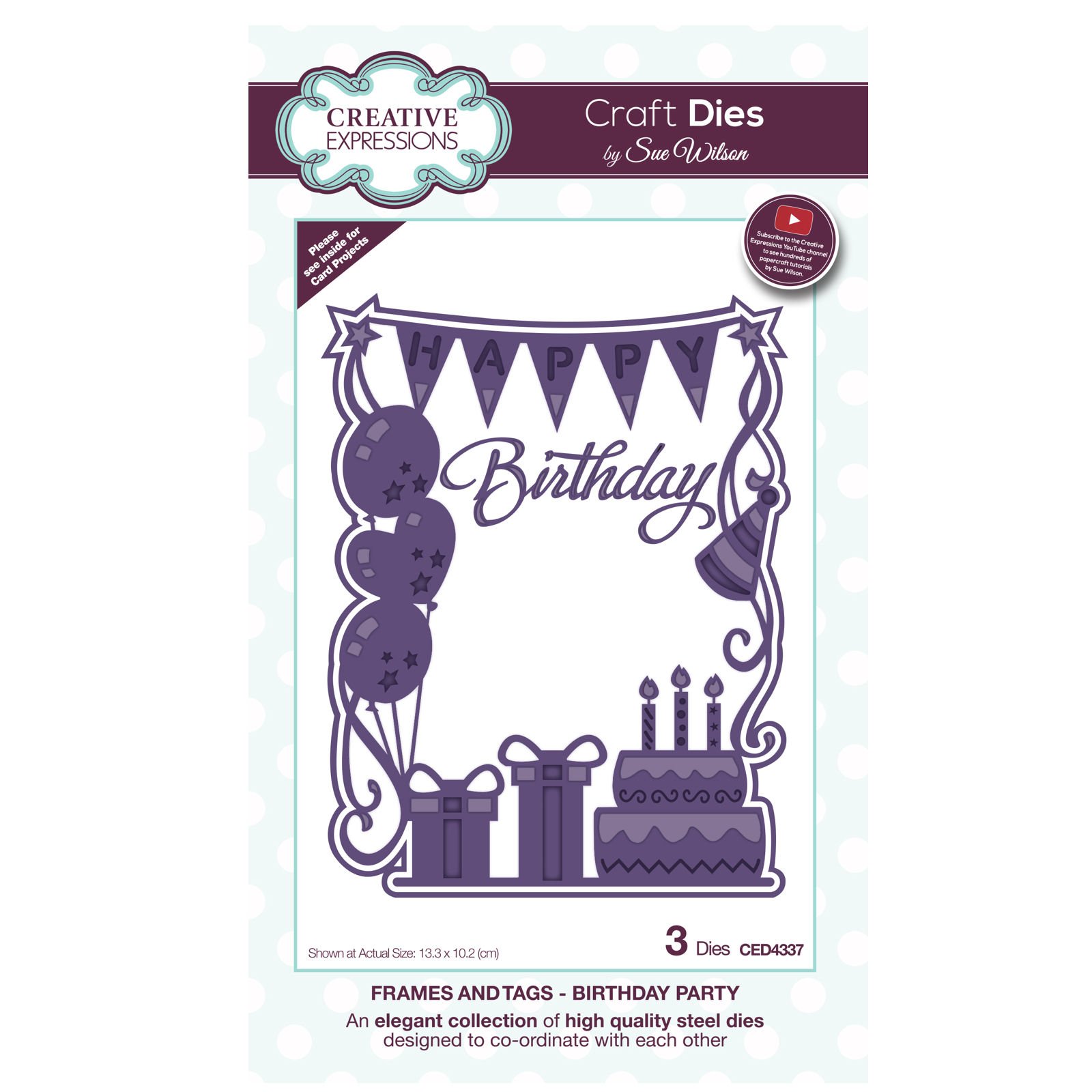 Sue Wilson Frames and Tags Collection Birthday Party Die, Metal, Silver, 25.5 x 16 x 0.8 cm