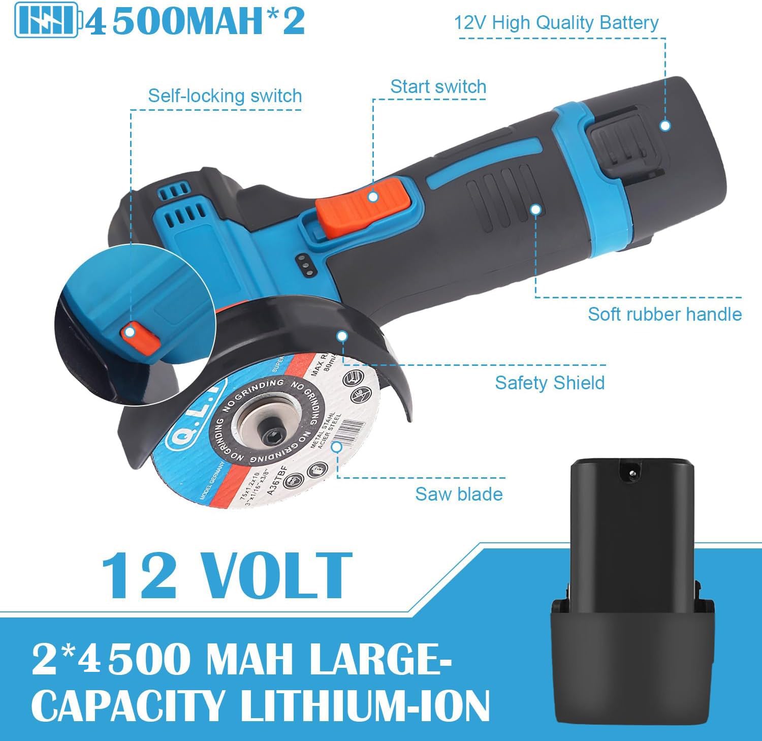 Mini Meuleuse D'Angle Sans Fil 19500RPM 12V Professional Disqueuse Sans Fil avec 2 batteries 4500mAh, 7 Disques à Tronçonner 75mm, Meuleuse d'angle pour Meuler et Polir, Couper