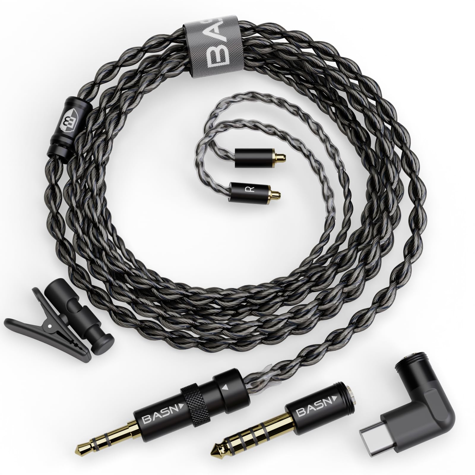 BASN Cavo per cuffie USB C DC100, cavo Litz OFC placcato argento di tipo C, cavo MMCX IEM con connettori bilanciati da 3,5/4,4 mm per auricolari musicisti (nero, tipo C/3,5/4,4 mm)