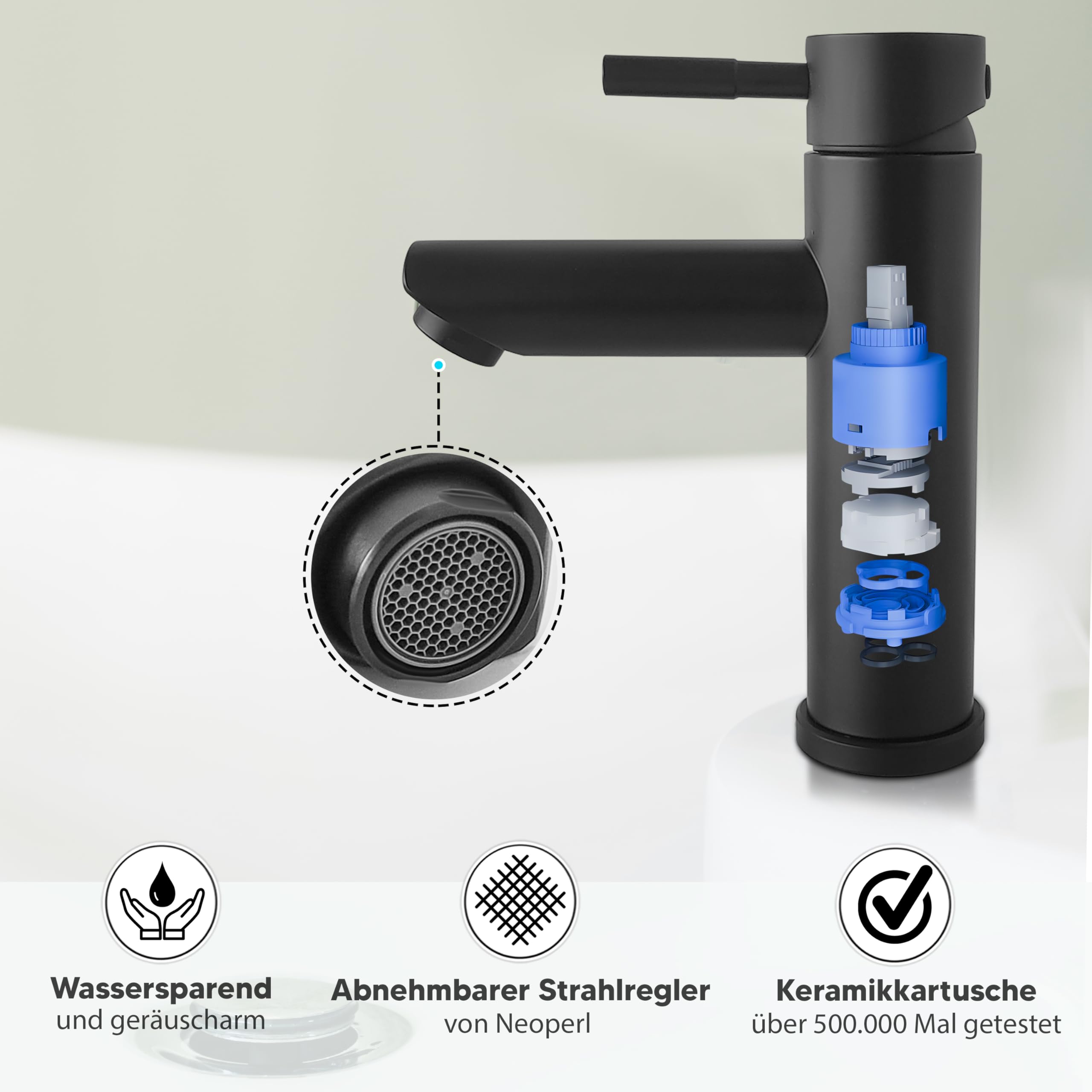 Wasserhahn Bad Schwarz Edelstahl - inkl. Befestigung und Schläuche, Waschbecken Bad-Armatur Waschtischarmatur Badezimmer Bathroom Waschtisch Wascharmatur Wasserarmatur Einhandmischer
