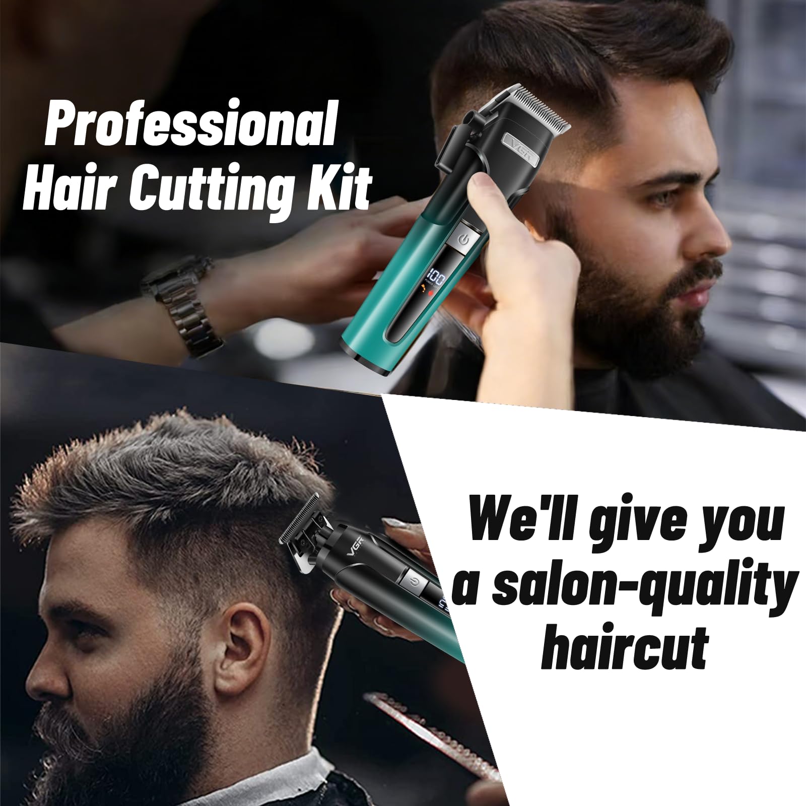VGR 694 - Tagliacapelli da uomo, set professionale di tagliacapelli e trimmer da barbiere, kit da taglio dei capelli senza fili per uomini con rasoio a lamina, base di ricarica e display LED, verde