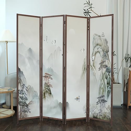 Miniatura 3 de Divisor de habitación de 4 paneles, divisor de habitación de doble cara, divisor de pared plegable para separación de habitaciones, paisaje de
