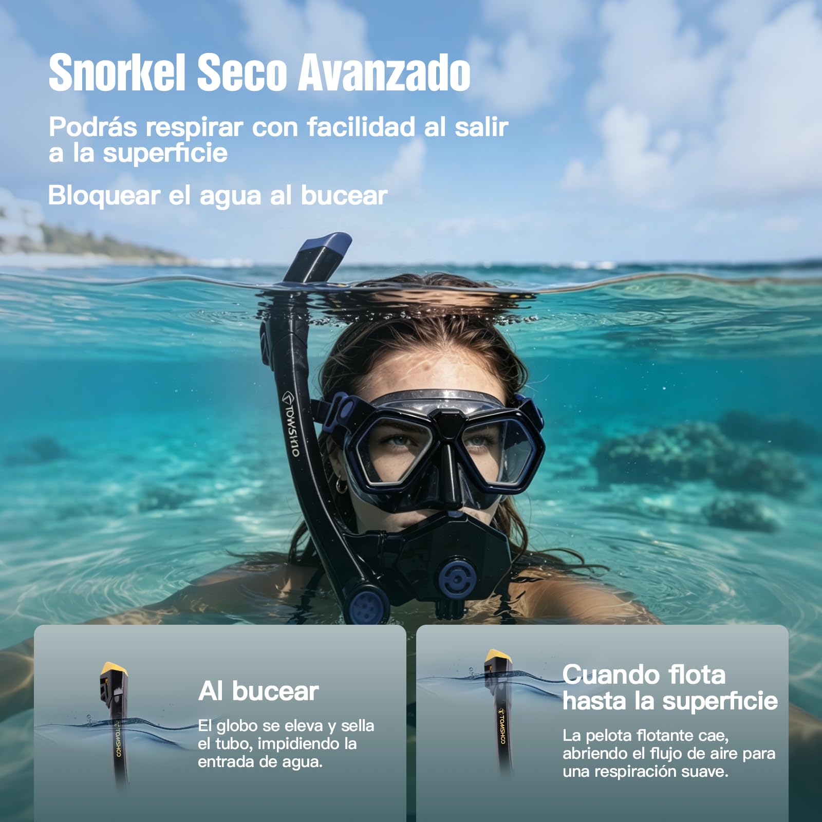TOMSHOO Juego de esnórquel con tubo y gafas de buceo, antivaho, con campo de visión panorámico de 180°, con tubo de secado de 3 canales para buceo y natación