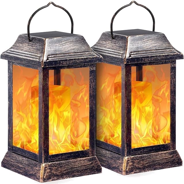 Solar Lights Outdoor Hanging Lantern,SOLARBABY Metal Flickering Flame Solar Lantern Lights Outdoor Christmas Decoration for Garden Patio Pathway Deck Yard(Bronze, Pack of 2)