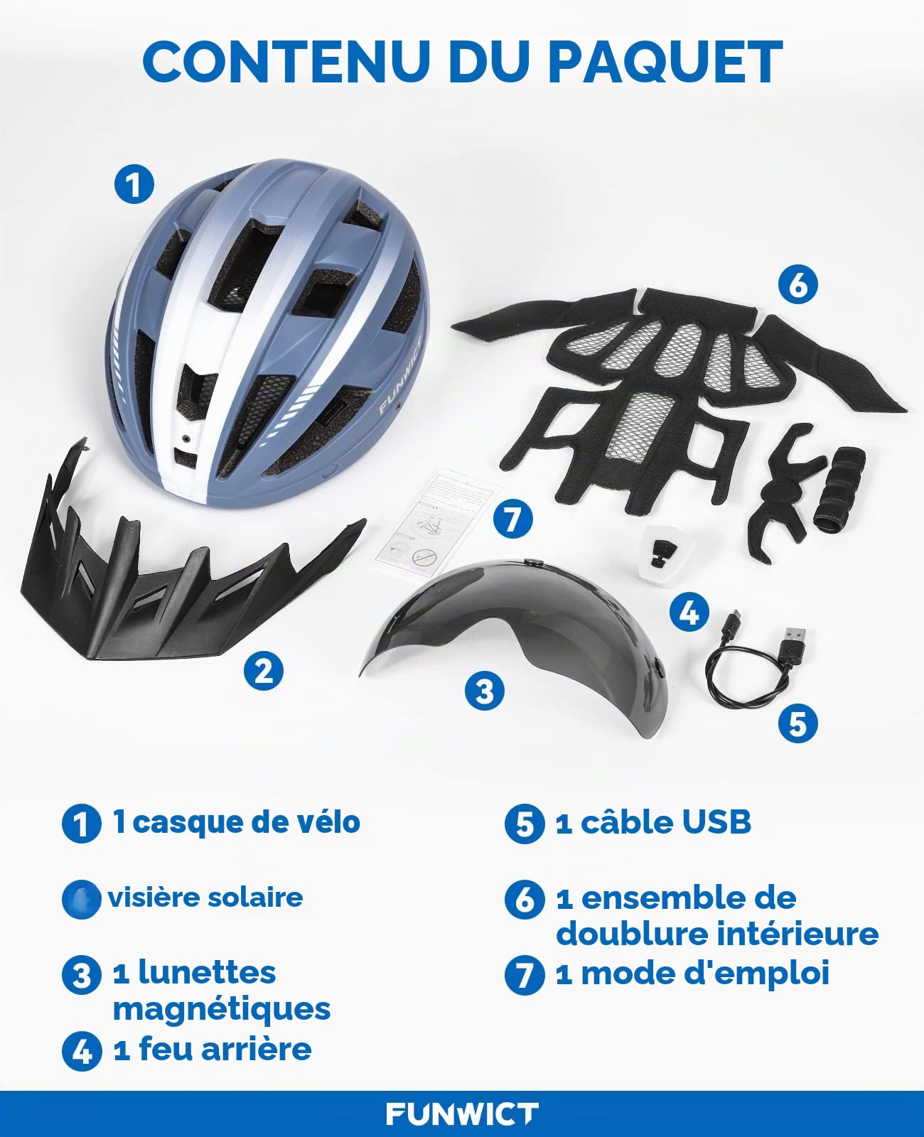 Casque Velo Homme Femme avec Visiere et Lunettes Détachables, Casque Vélo Casques VTT avec Feu Arrière à LED Rechargeable, Casque Cyclisme pour Adulte et Adolescent (M: 54-58 cm, Bleu)