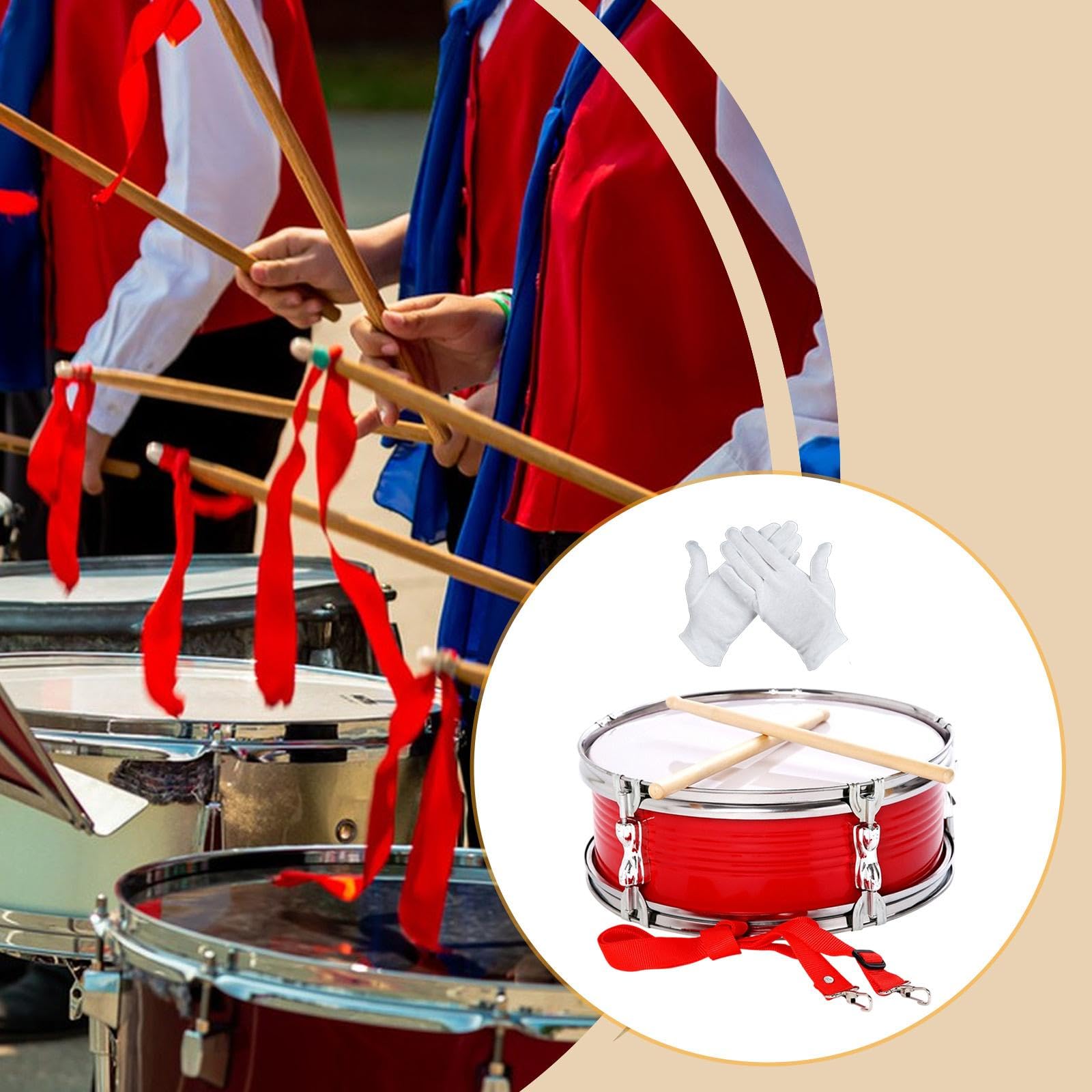 Snare Drum Musikset Drumsticks Handschuhe Edelstahl Geeignet für Kinder Erwachsene Übung Auftritt Unterricht Anfänger, Rot