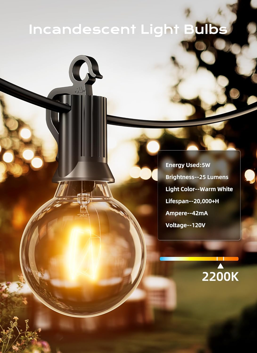Brightown G40 Replacement Light Bulbs, Clear Globe Bulbs Replacement for Outdoor String Light, E12 Candelabra Base, Incandescent Round Bulbs for Patio Cafe Bistro Decor, 5W 120V, Warm White, 25 Pack