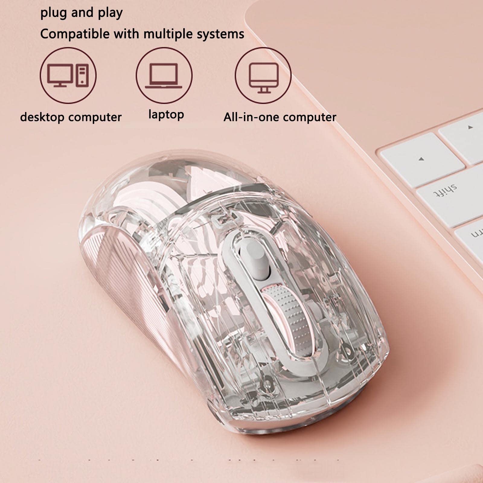 JUSHZ Bezprzewodowa mysz komputerowa do laptopa USB do gier, Bluetooth, ładowana, przewodowa mysz wskazująca, fotoelektryczna, przezroczysta, cicha, sześciobiegowa regulacja, Plug and Play, 2,4 GHz, 127 x 63 x 39 mm, A