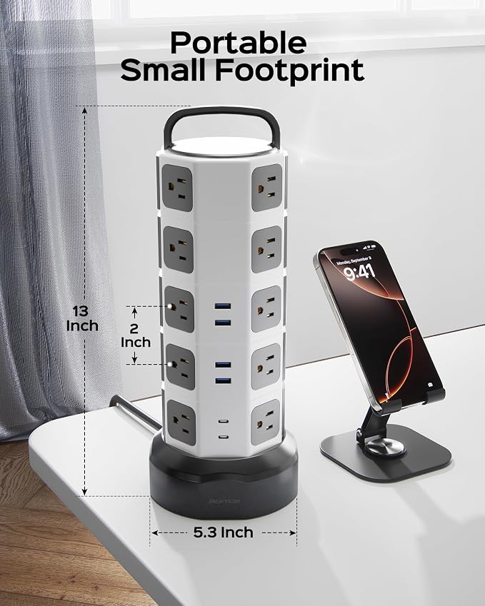 Protector eléctrico JACKYLED en torre con regleta de enchufes, 20 tomas CA y 6 puertos USB (2 USB-C), cable retráctil de 2 m, protección contra sobretensión de 1050 J, 1625 W / 13 A miniatura 9