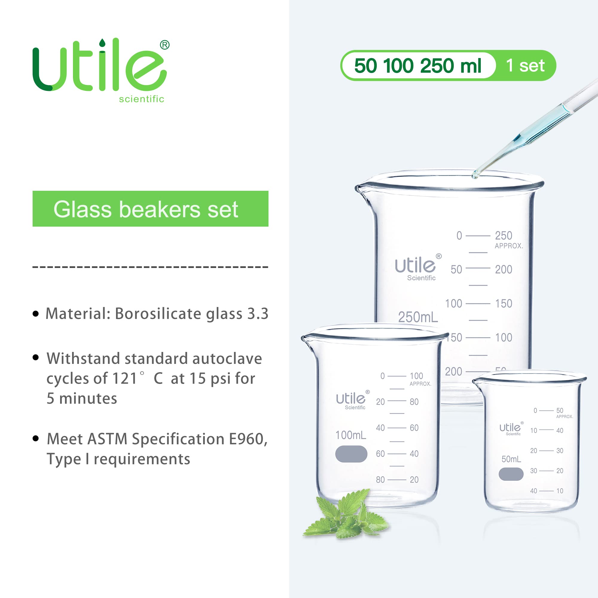 Utile Beaker Set, Low Form Glass Beakers, 3 Sizes of Vol.50ml 100ml 250ml, 3.3 Borosilicate Glass with Double Scale Printed Graduation, 4099.0004.1 — Amazon image 2