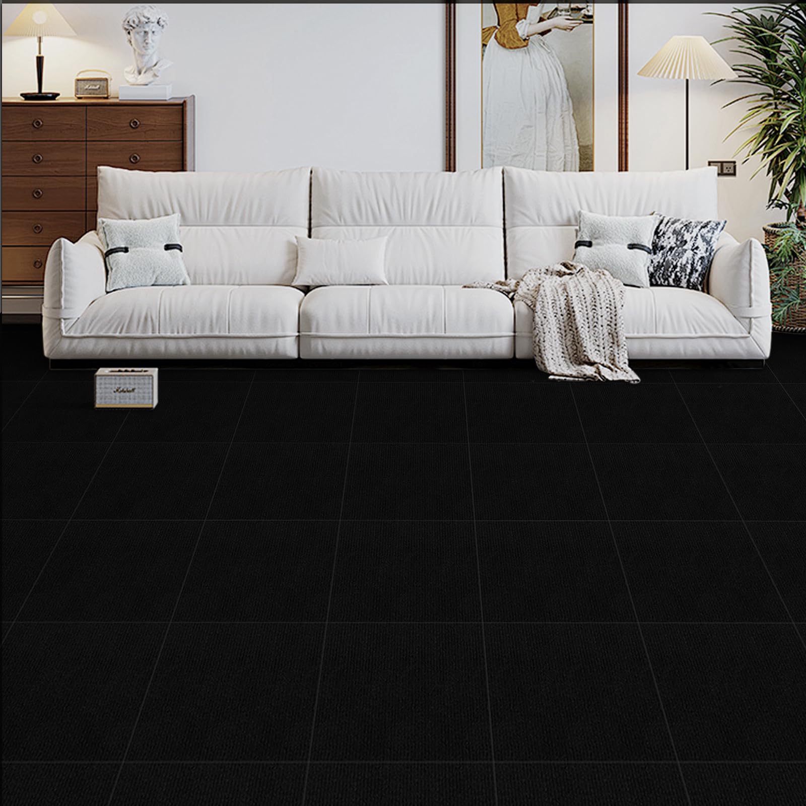 Dalles de moquette autocollantes, carreaux de moquette pour sol, tapis antidérapants pour salon, bureau, chambre, noir, à décoller et à coller, 30 x 30 cm, 20 pièces
