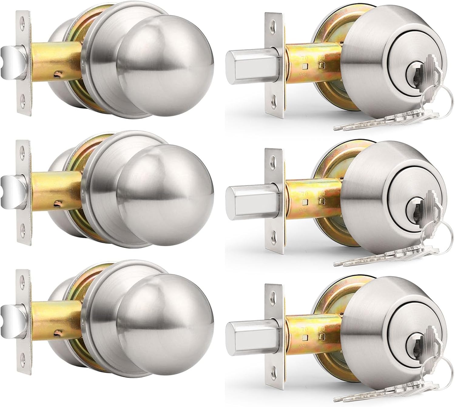 Probrico 3 Pack Passage Door Knob and Single Cylinder Deadbolts Keyed Alike
