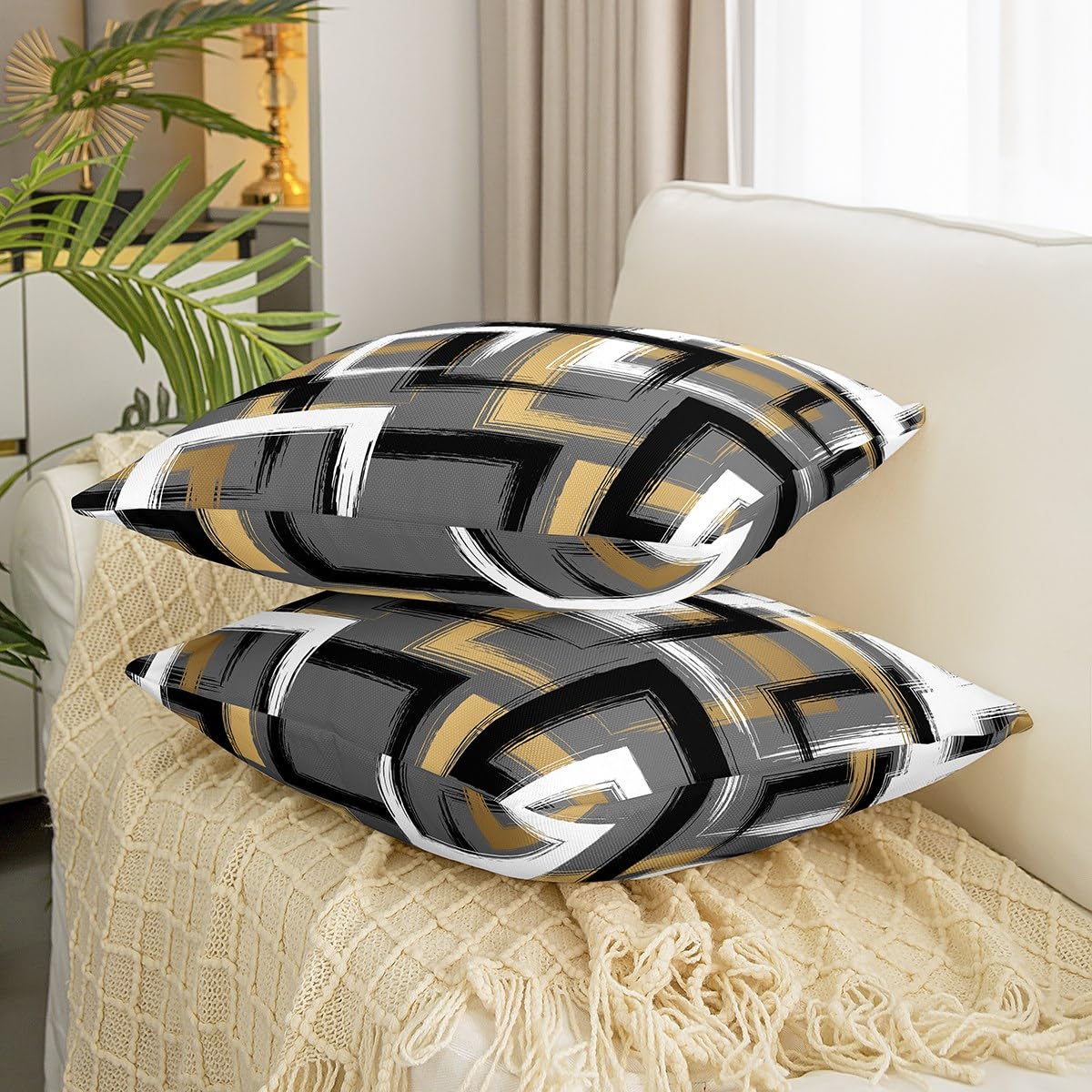 Zltegako Set di 4 federe per cuscini geometrici, 40 x 40 cm, decorative, gialle e nere