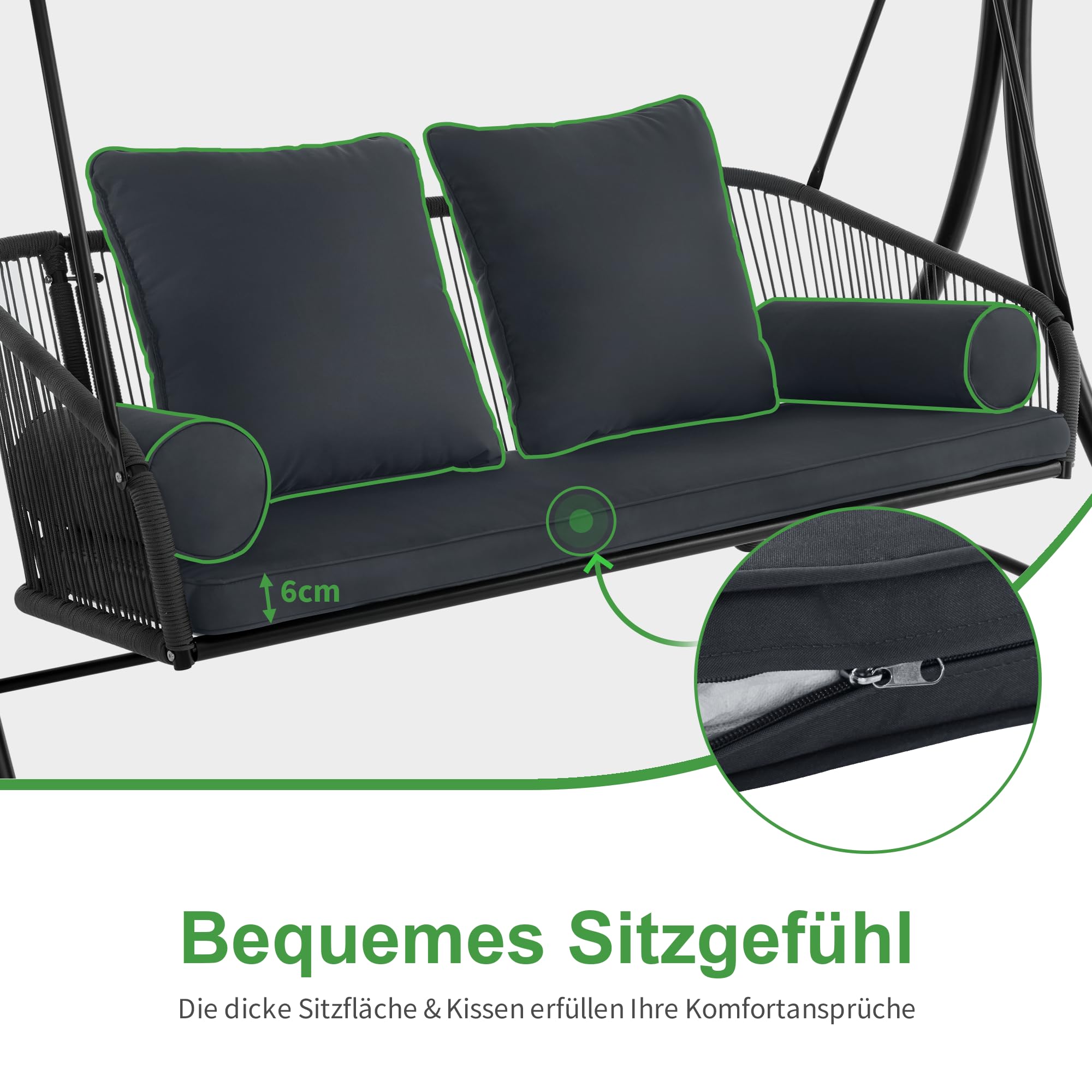 M MCombo Hollywoodschaukel 3-Sitzer, Gartenschaukel mit Verstellbarem Sonnendach, Schaukelbank Outdoor, Gartenliege Wetterfest, Sitzbezug Abwaschbar 8026DEY (Dunkgelgrau)