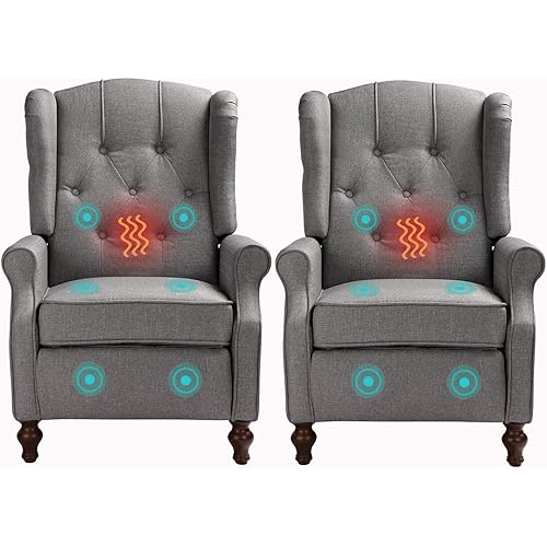 SAMERY Recliner Chair with Massage & Heating 2PCS Set- Modern Accent Chair Upholstered Armchair Fabric Single Sofa Lounge Reading Club Chair with Tufted Wingback for Small Spaces Living Room