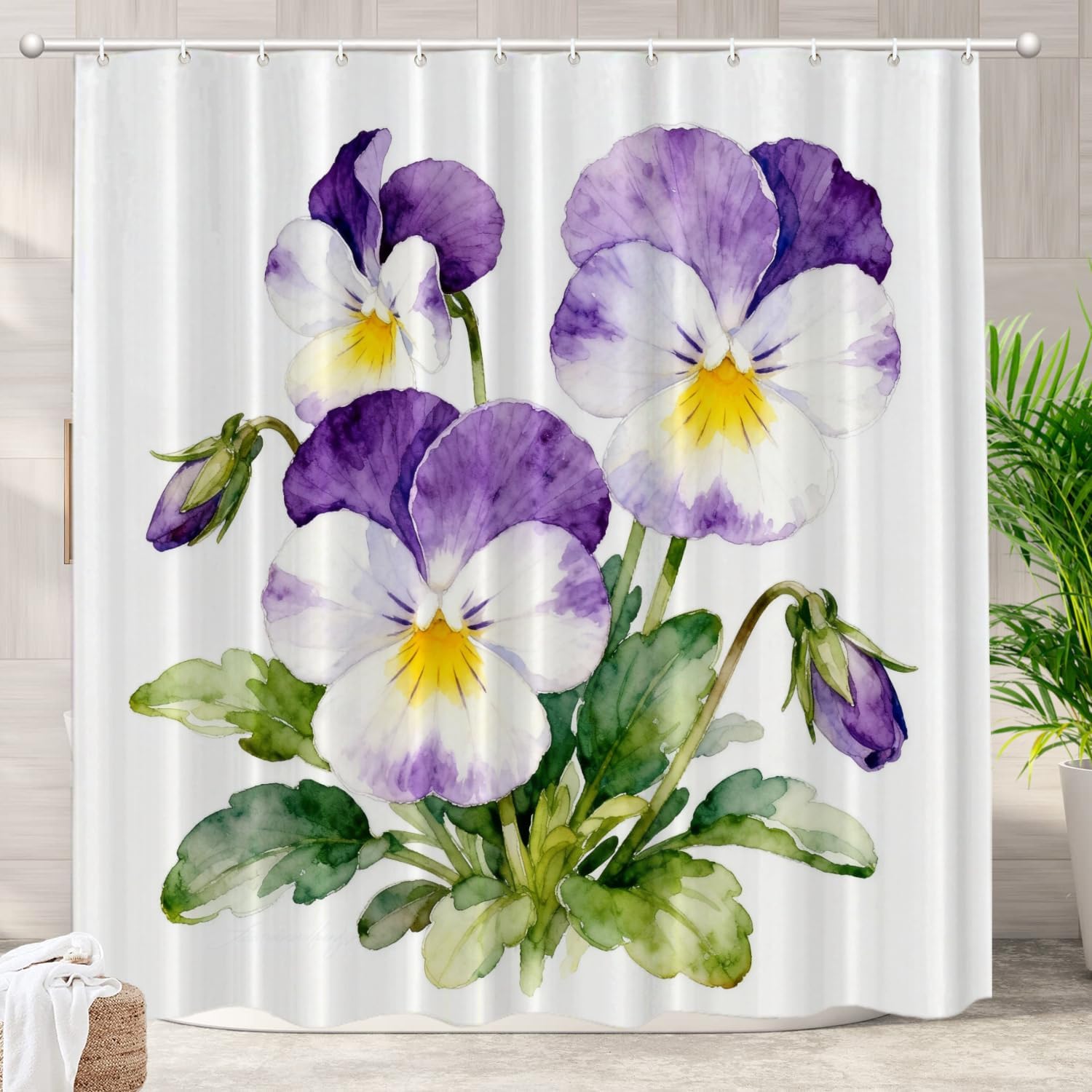Batmerry Purple Nature Pansy Decor Shower Curtain,Watercolor Bathroom Decor Polyester Fiber Plastic Rings Quick-Drying Waterproof for Bathtubs/Bathroom, 72x72 inches